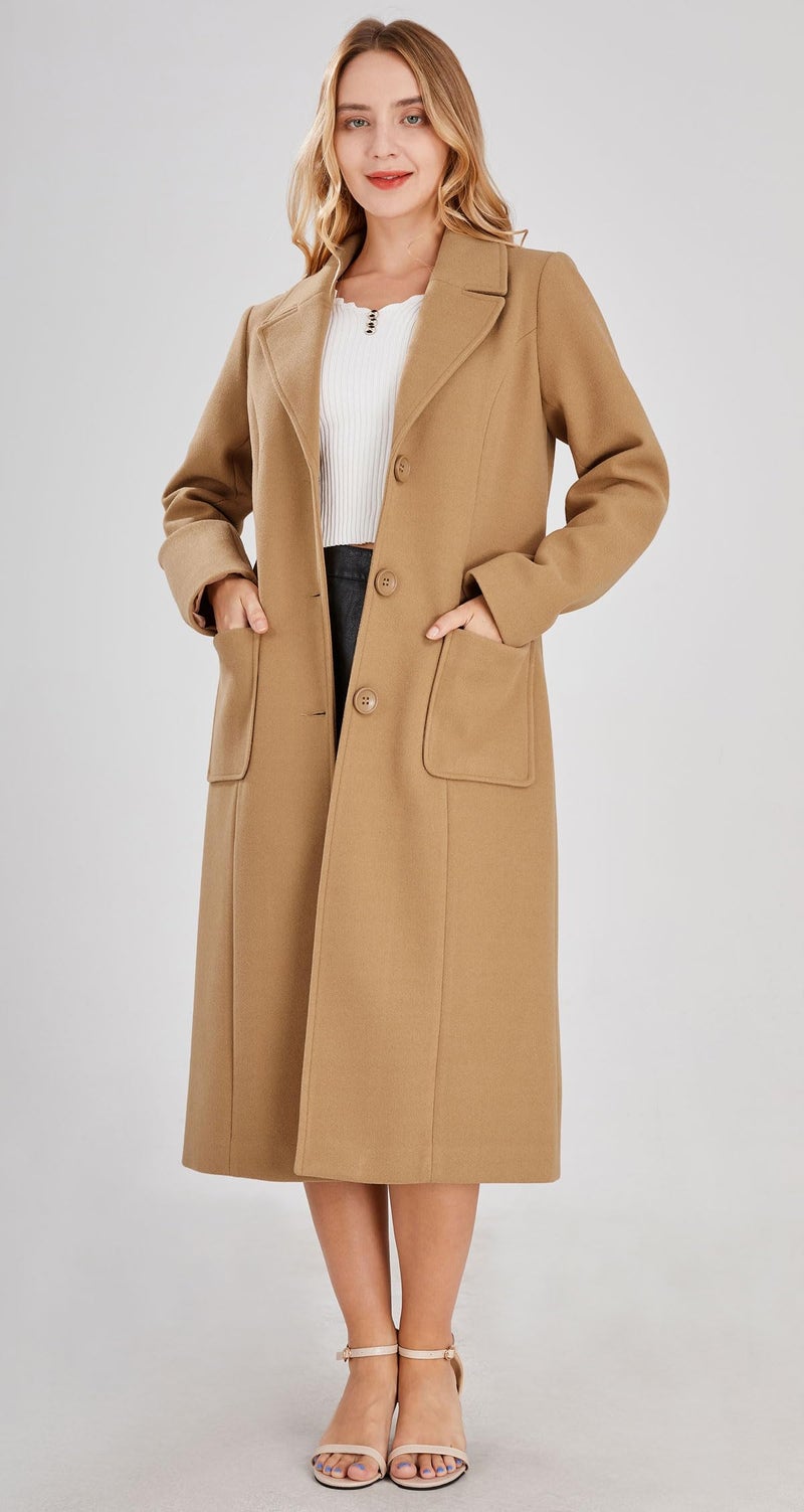 chouyatou Women's Big Notch Lapel Single Breasted Mid-Long Wool Blend Coat (Medium, Camel) - Image 3